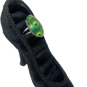 Peacock Feather Ring Green Blue Silver‎ Tone 7 1/2"